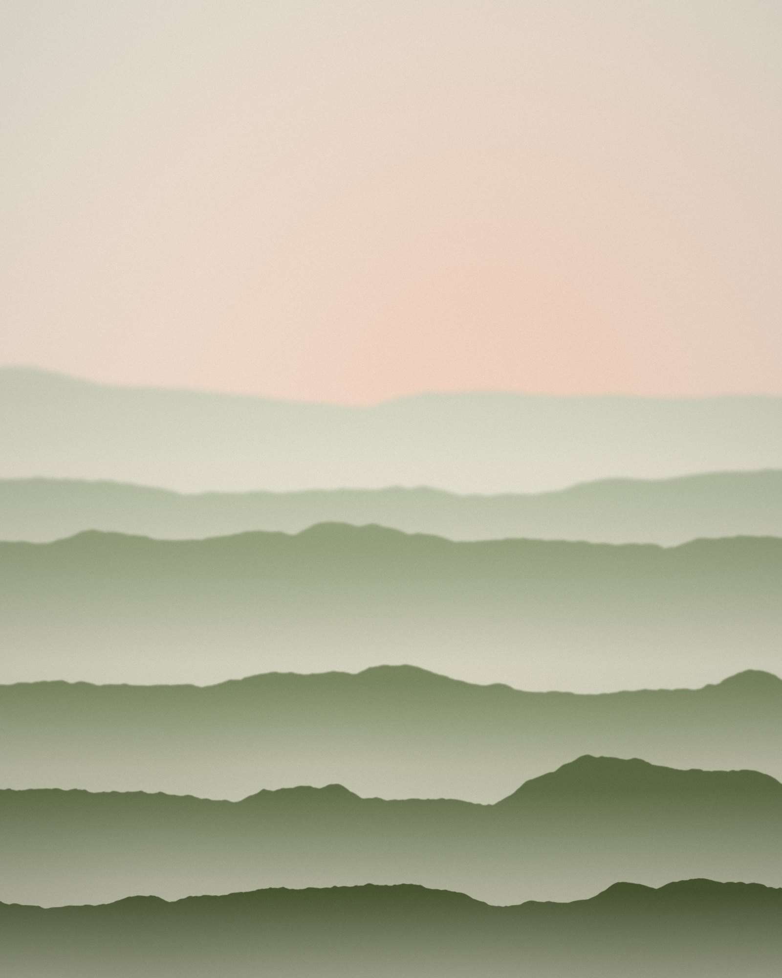 Layers of misty green ridges fading into a soft dawn sky
