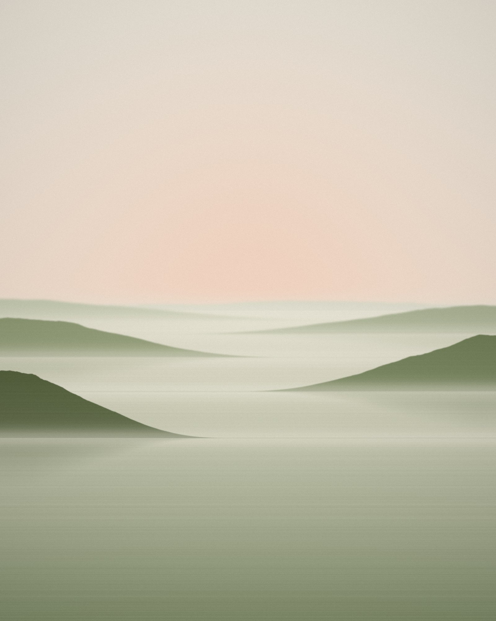 Two misty shores reaching toward each other across a calm bay